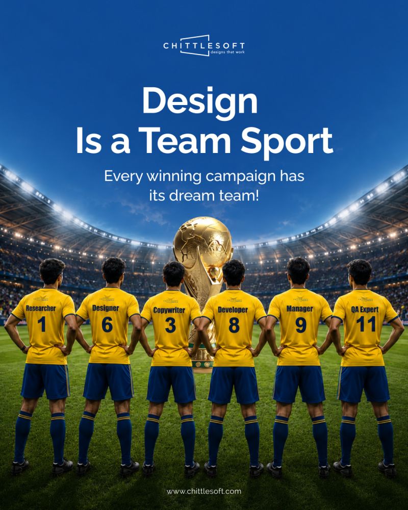 Chittlesoft social media creative: Design Is a Team Sport — stadium scene with world cup trophy
